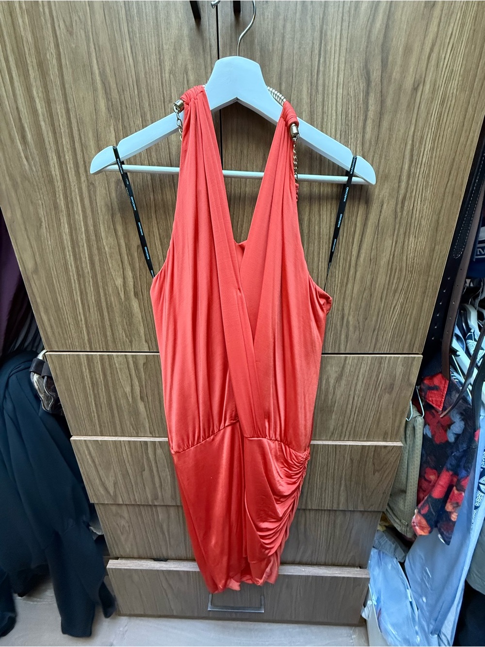 GUESS by Marciano Coral Draped Halter Chain Cocktail Dress Size L